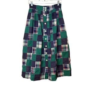 VTG 80s 90s Women's Sz 10 Green Blue Cotton Plaid Madras Midi Skirt Patchwork